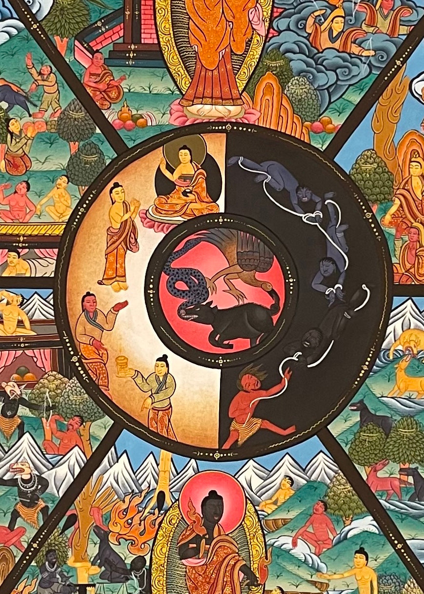 Wheel of Life thangka, 95×131 cm: red Yama holding the Wheel of Life with the six realms and twelve links