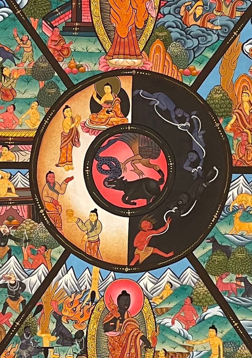 Wheel of Life thangka, 95×131 cm: red Yama holding the Wheel of Life with the six realms and twelve links