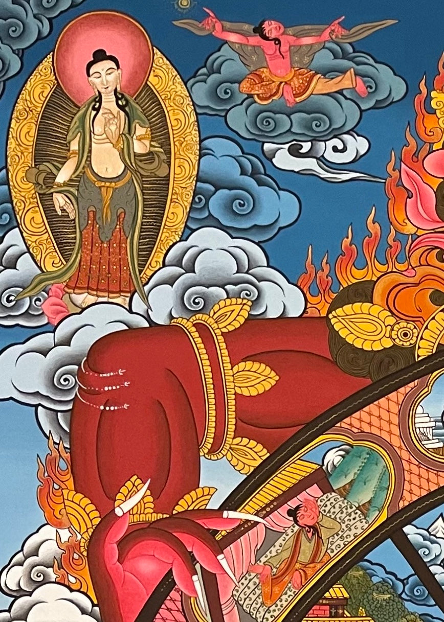 Wheel of Life thangka, detail: top-left corner