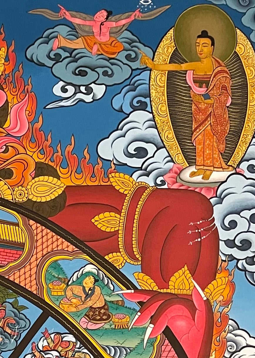 Wheel of Life thangka, detail: top-right corner