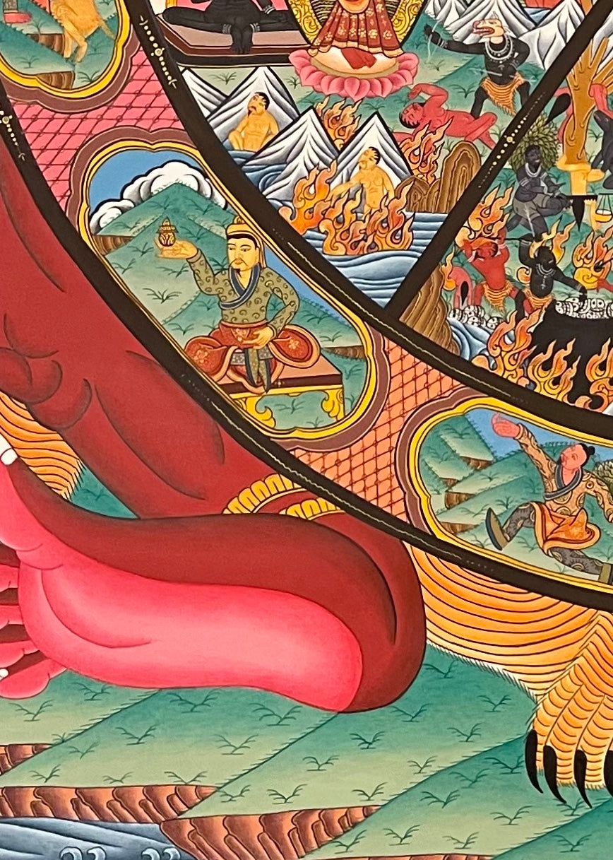 Wheel of Life thangka, detail: bottom-left corner