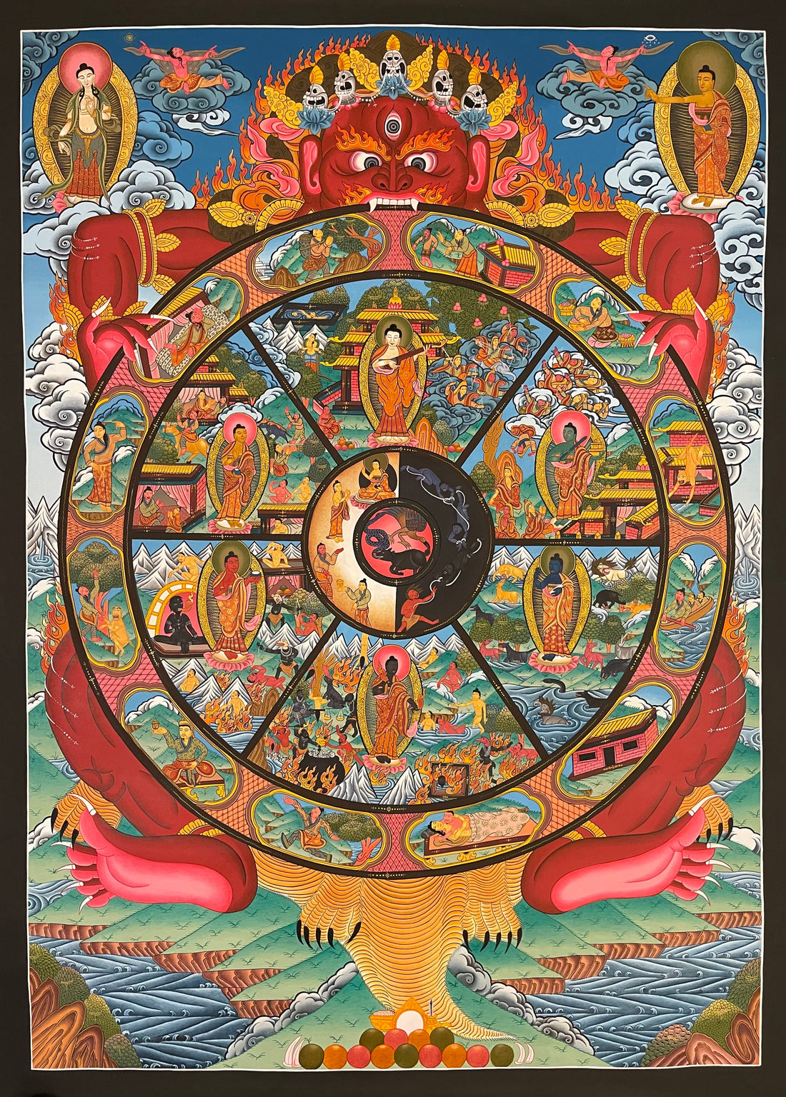Wheel of Life thangka, 95×131 cm: red Yama holding the Wheel of Life with the six realms and twelve links