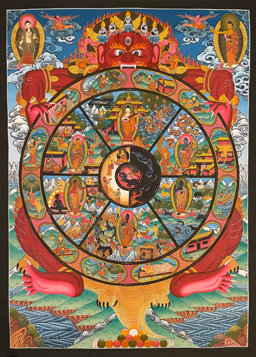 Wheel of Life thangka, 95×131 cm: red Yama holding the Wheel of Life with the six realms and twelve links