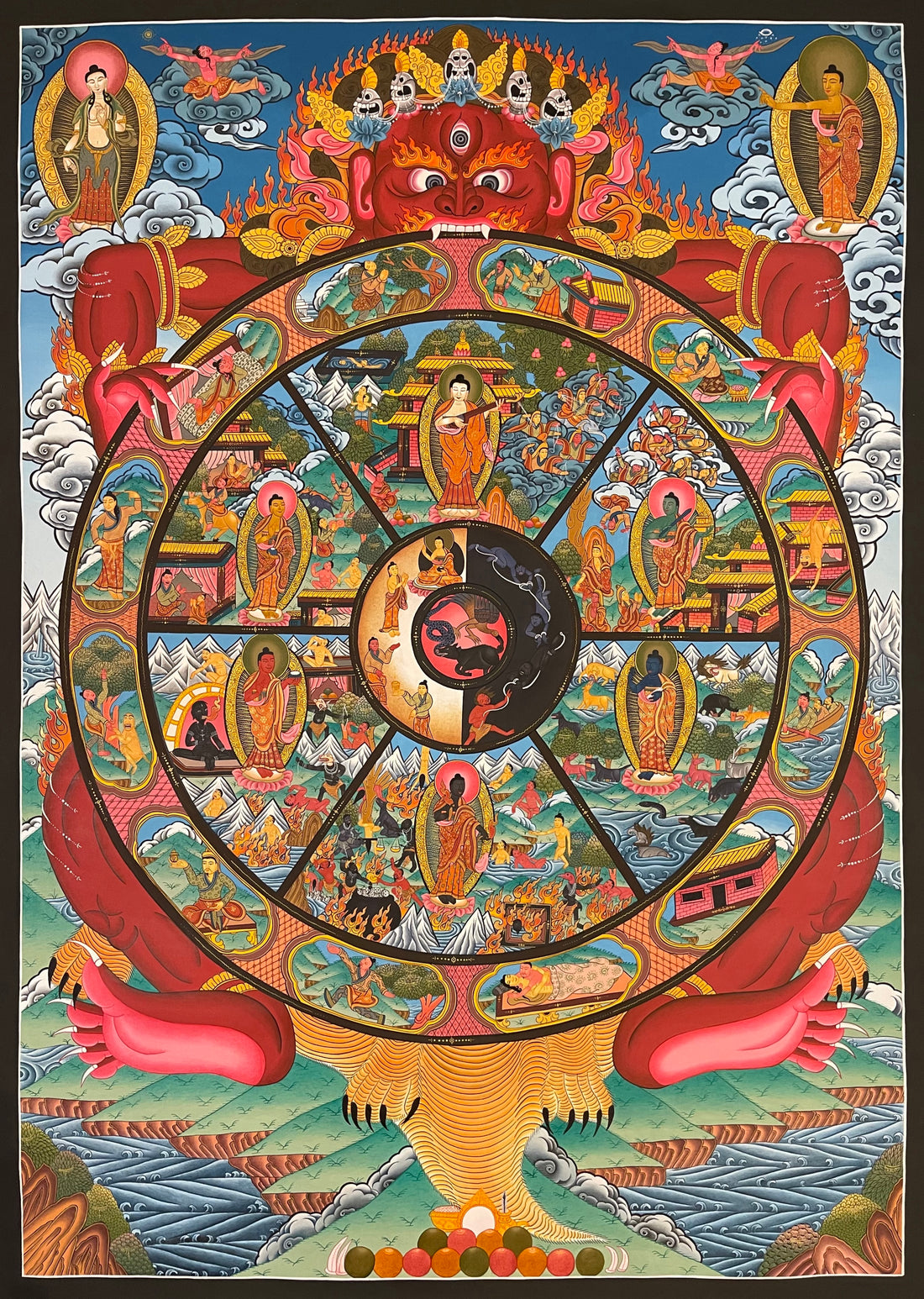 Wheel of Life thangka, 95×131 cm: red Yama holding the Wheel of Life with the six realms and twelve links