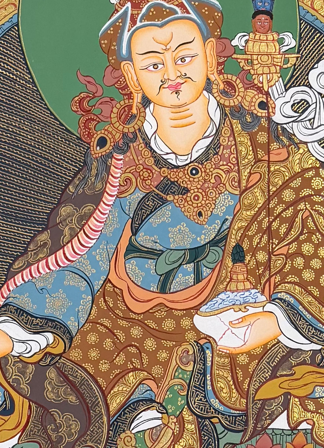 Padmasambhava thangka, 60×82 cm: Padmasambhava on a red lotus with his consorts, teachers above and wrathful forms below