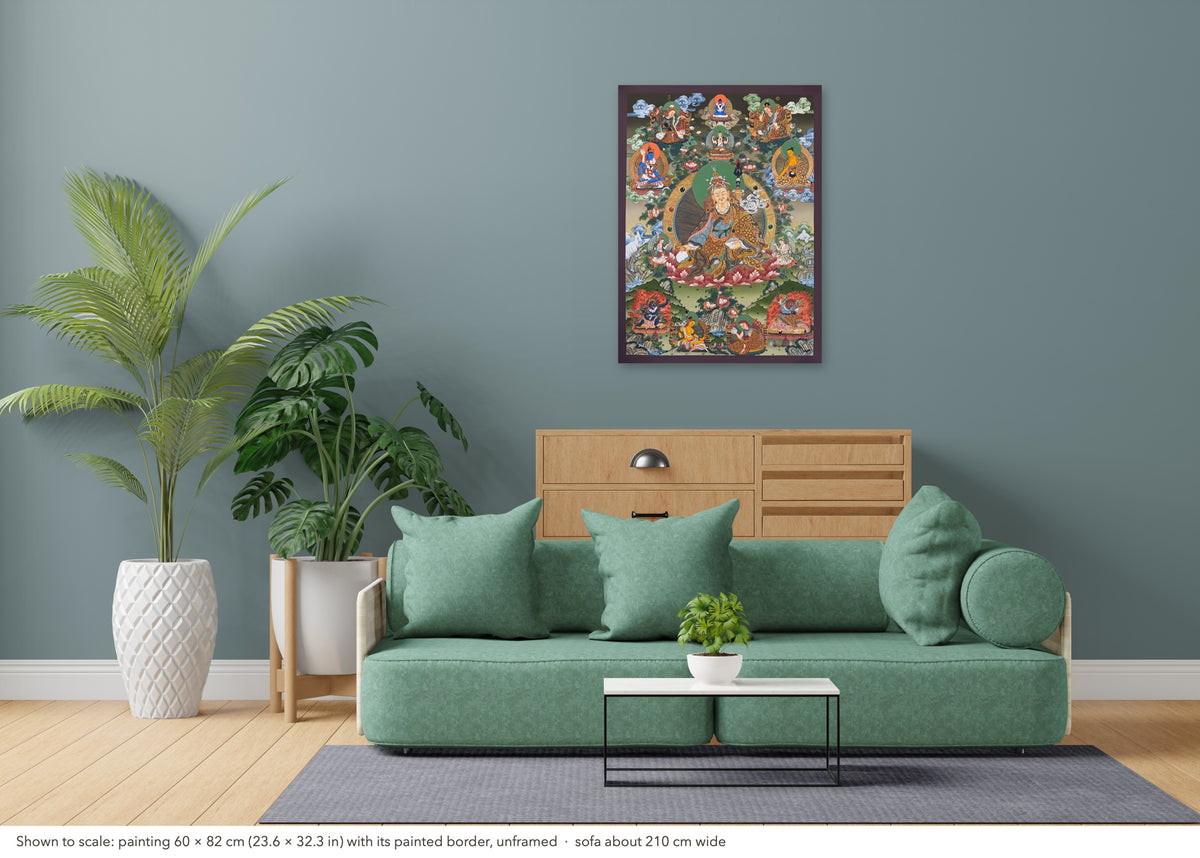 Padmasambhava thangka shown to scale in a living room, unframed, above a sofa about 210 cm wide (60×82 cm)