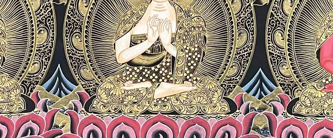 Five Dhyani Buddhas thangka, 114×52 cm: the Five Dhyani Buddhas in a row in black and gold-coloured line work