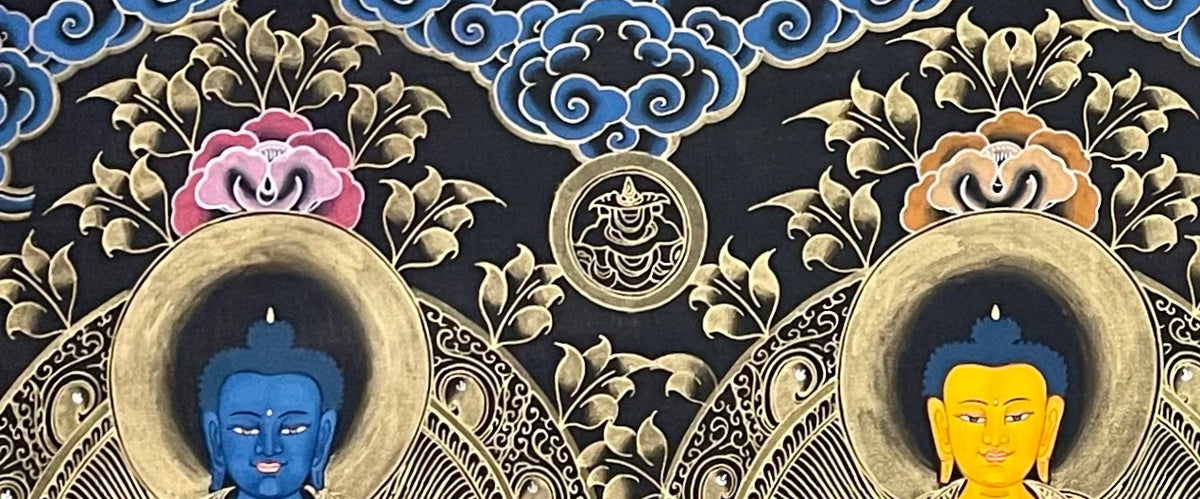 Five Dhyani Buddhas thangka, detail: top-left corner