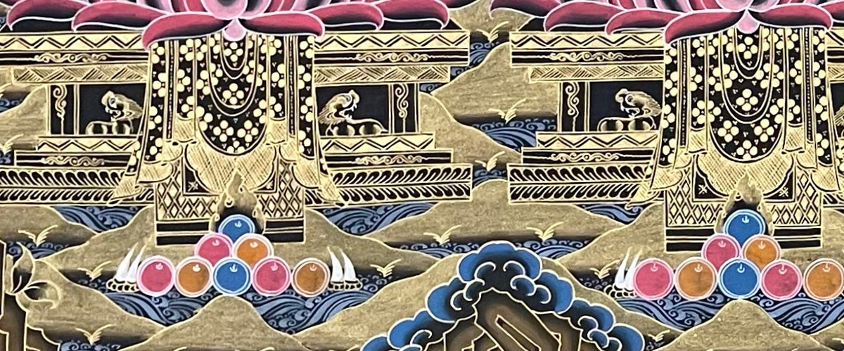 Five Dhyani Buddhas thangka, detail: bottom-left corner