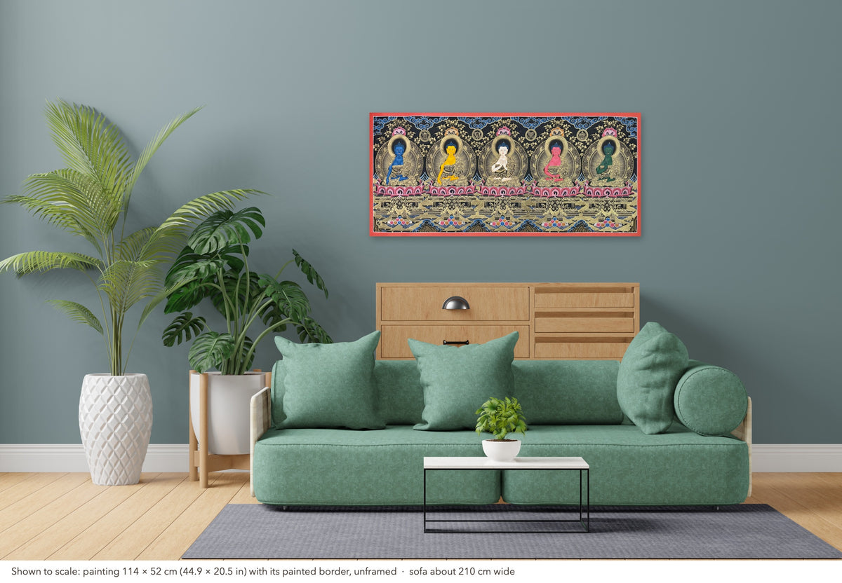 Five Dhyani Buddhas thangka shown to scale in a living room, unframed, above a sofa about 210 cm wide (114×52 cm)