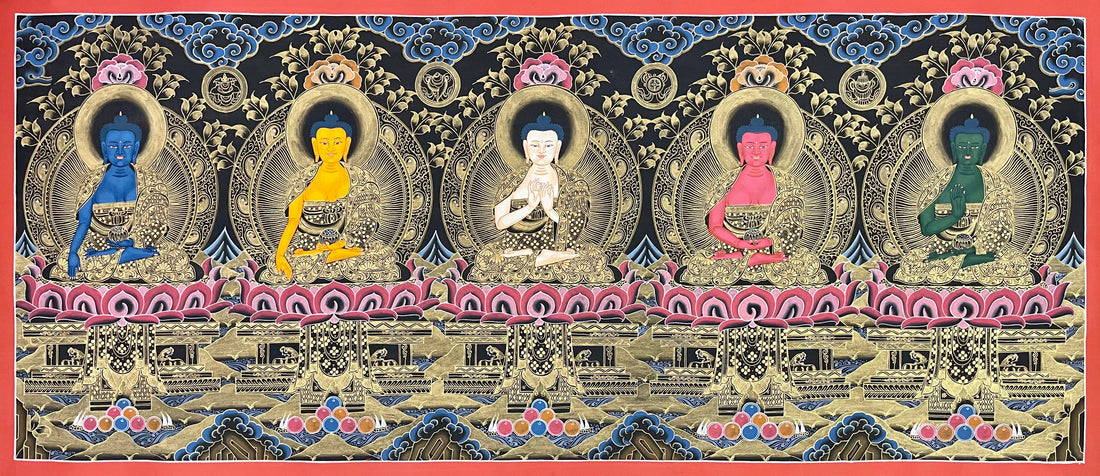 Five Dhyani Buddhas thangka, 114×52 cm: the Five Dhyani Buddhas in a row in black and gold-coloured line work