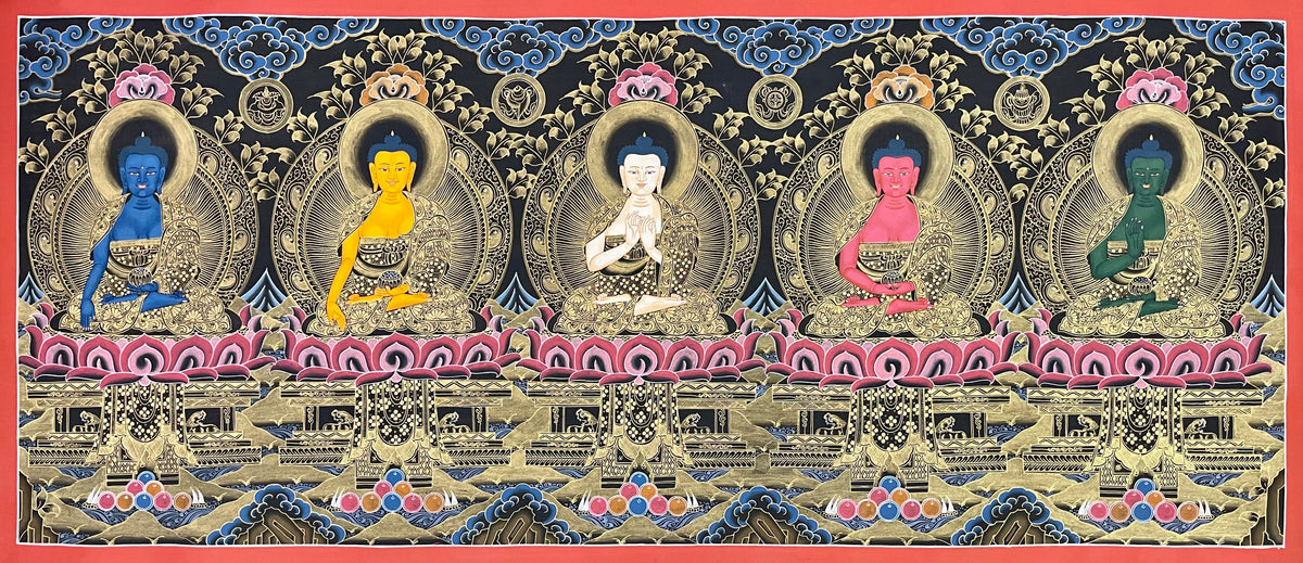Five Dhyani Buddhas thangka, 114×52 cm: the Five Dhyani Buddhas in a row in black and gold-coloured line work