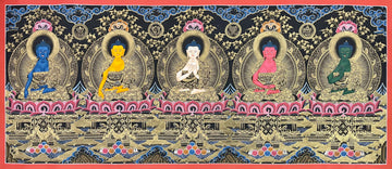 Five Dhyani Buddhas thangka, 114×52 cm: the Five Dhyani Buddhas in a row in black and gold-coloured line work