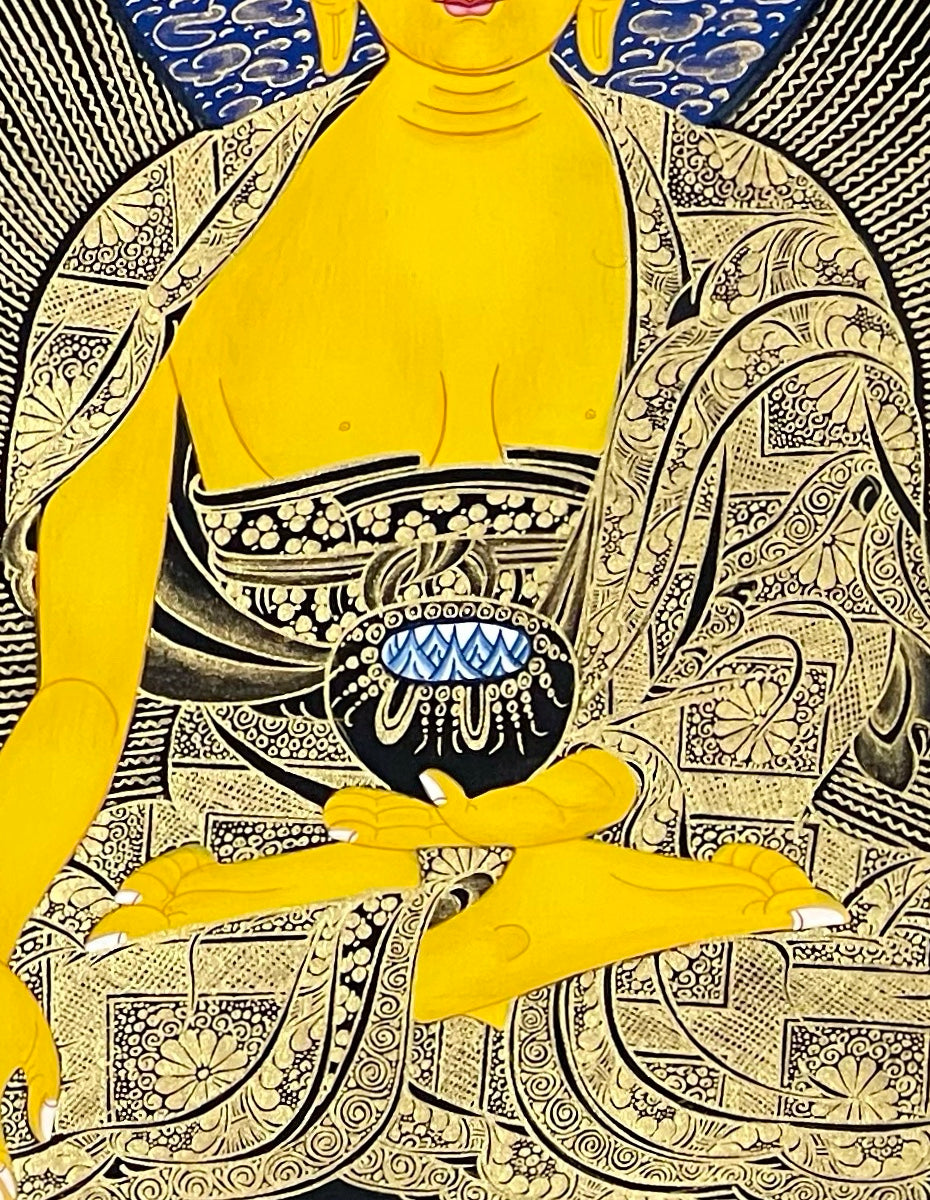 Shakyamuni Buddha thangka, 55×68 cm: Shakyamuni with Amitabha, White Tara and Green Tara above and his two disciples below