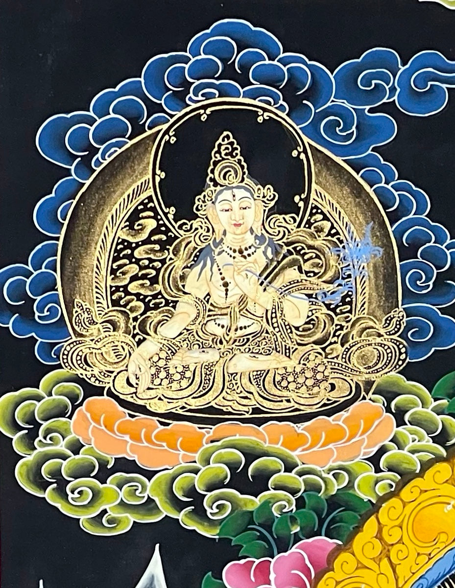 Shakyamuni Buddha thangka, detail: top-left corner