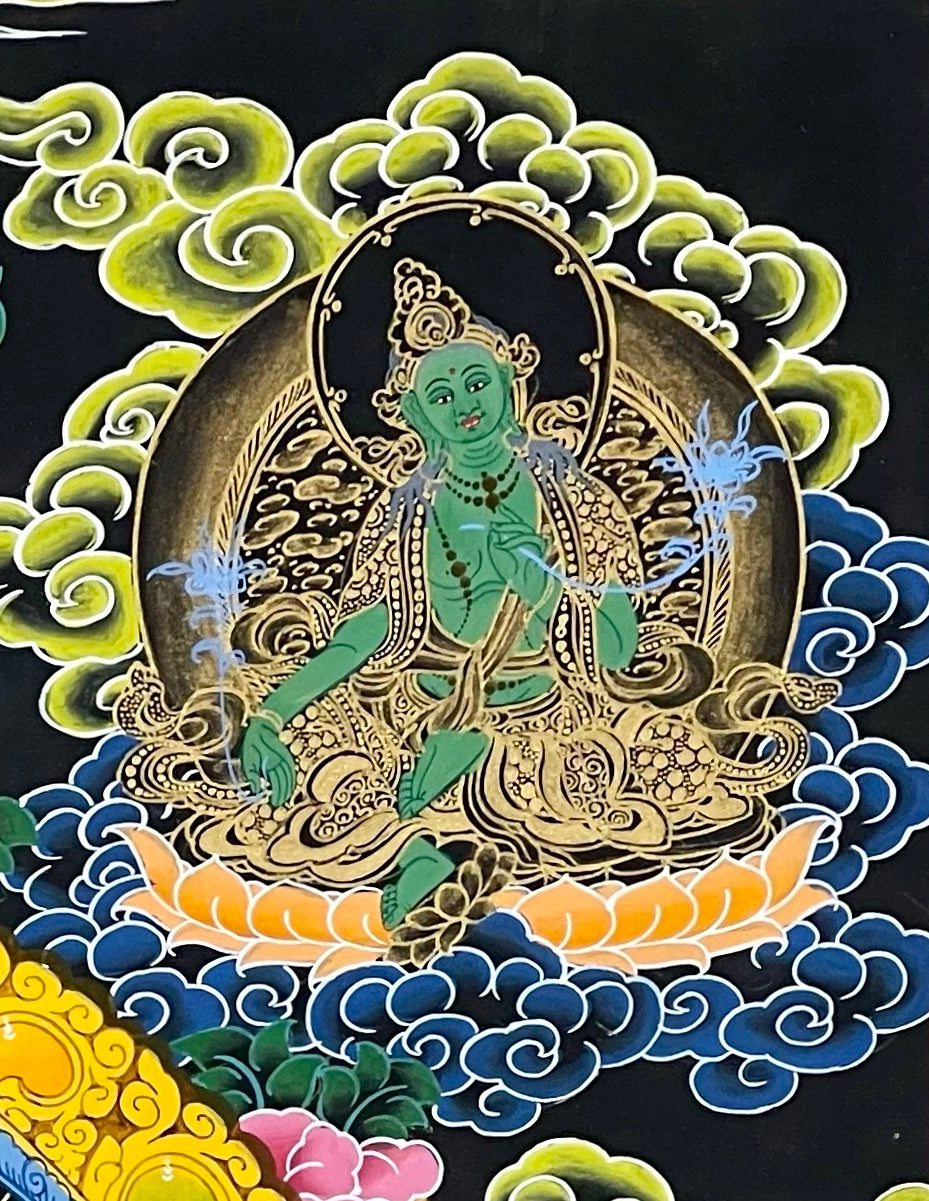 Shakyamuni Buddha thangka, detail: top-right corner
