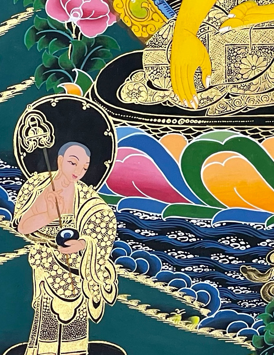 Shakyamuni Buddha thangka, detail: bottom-left corner