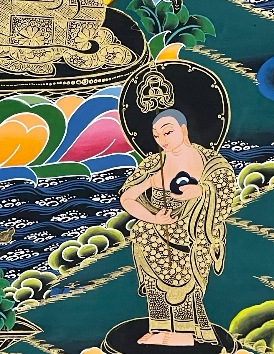 Shakyamuni Buddha thangka, detail: bottom-right corner