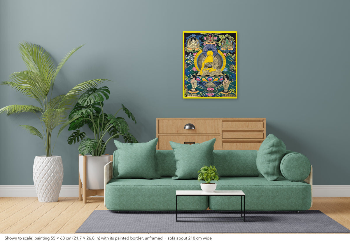 Shakyamuni Buddha thangka shown to scale in a living room, unframed, above a sofa about 210 cm wide (55×68 cm)