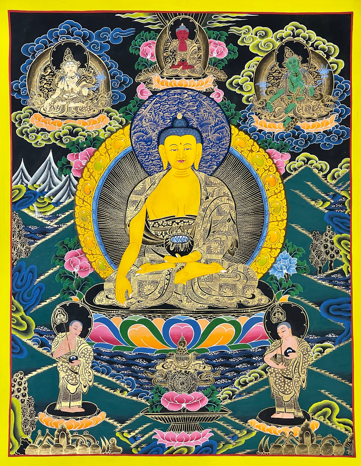 Shakyamuni Buddha thangka, 55×68 cm: Shakyamuni with Amitabha, White Tara and Green Tara above and his two disciples below