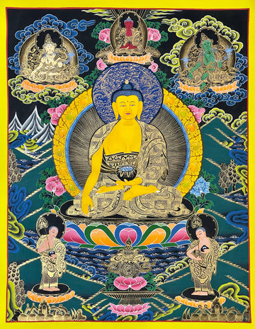 Shakyamuni Buddha thangka, 55×68 cm: Shakyamuni with Amitabha, White Tara and Green Tara above and his two disciples below