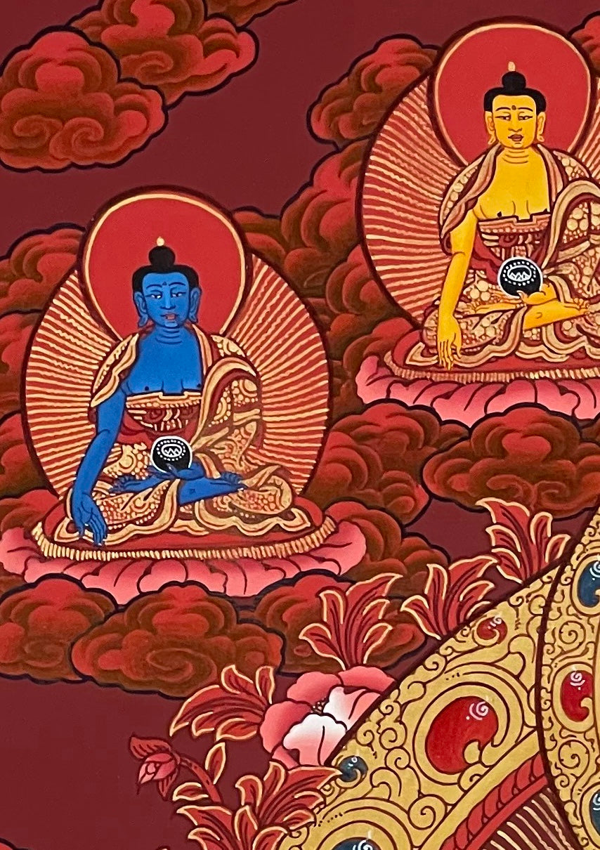 Shakyamuni Buddha thangka, detail: top-left corner