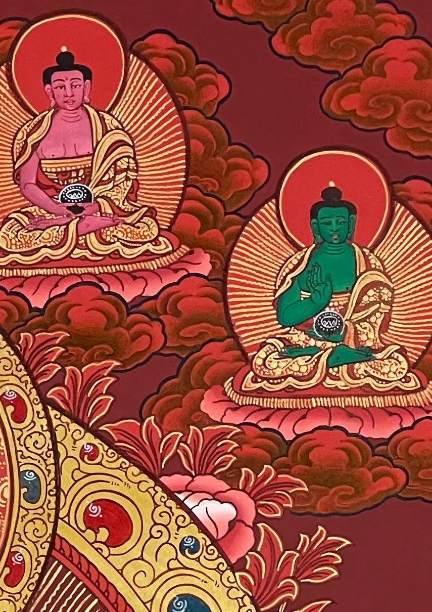 Shakyamuni Buddha thangka, detail: top-right corner