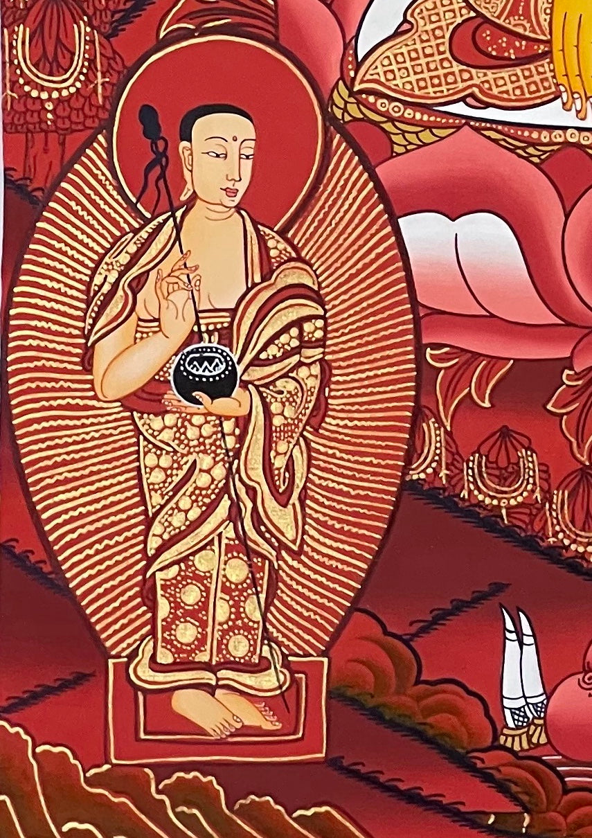 Shakyamuni Buddha thangka, detail: bottom-left corner