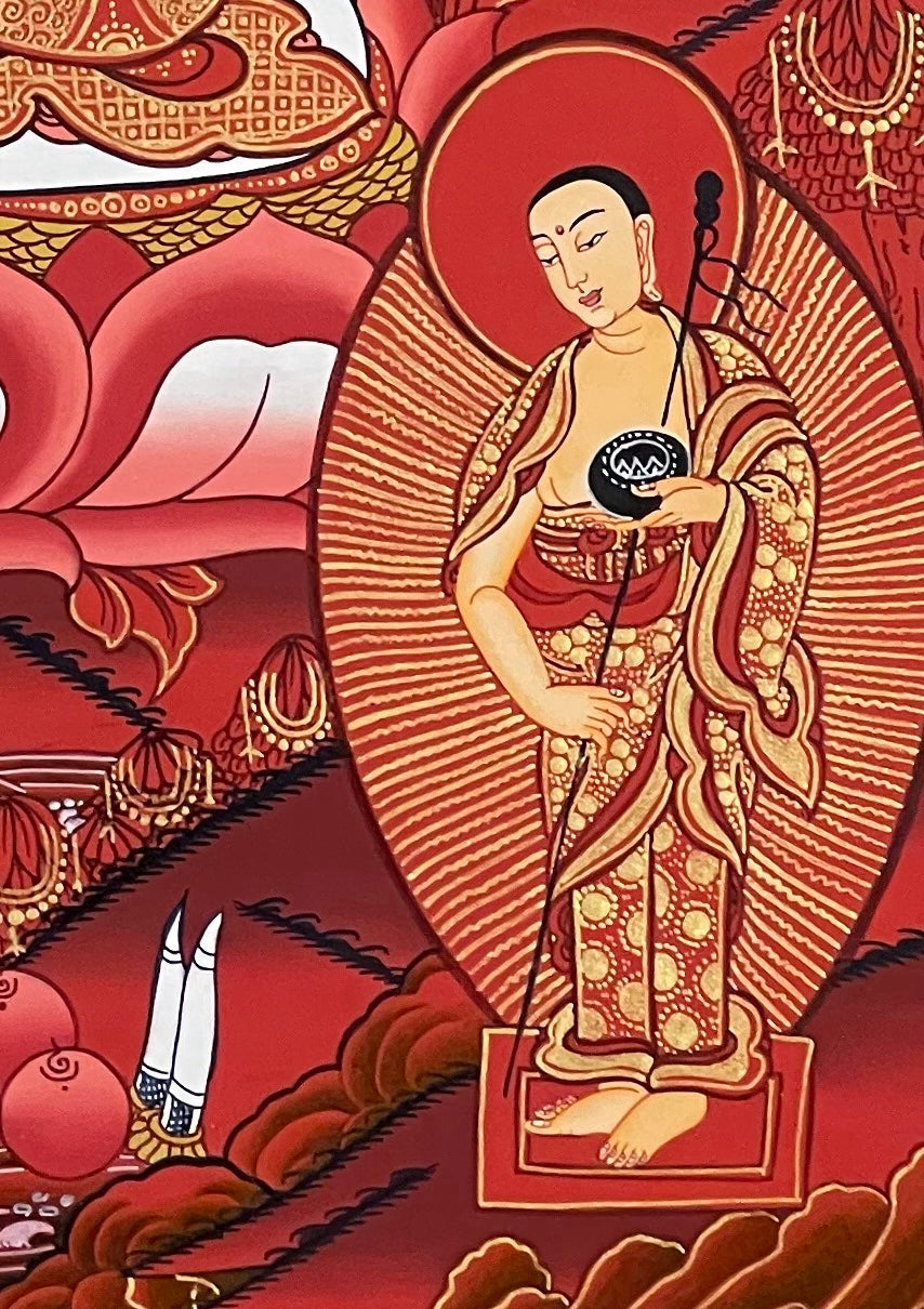 Shakyamuni Buddha thangka, detail: bottom-right corner