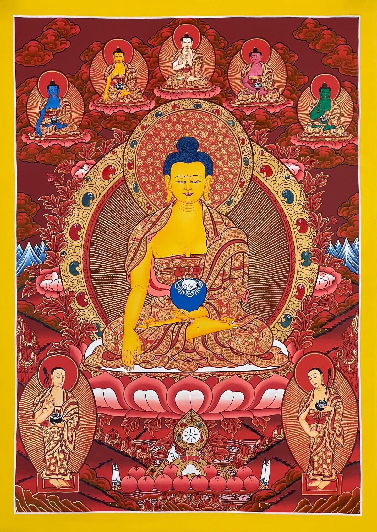 Shakyamuni Buddha thangka, 50×68 cm: Shakyamuni on a deep red ground with the five Buddhas above and two disciples