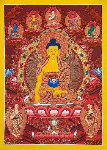 Shakyamuni Buddha thangka, 50×68 cm: Shakyamuni on a deep red ground with the five Buddhas above and two disciples
