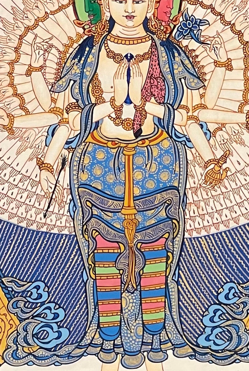 Lokeshwor thangka, 50×69 cm: thousand-armed Lokeshwor in shades of blue, with the Five Dhyani Buddhas above