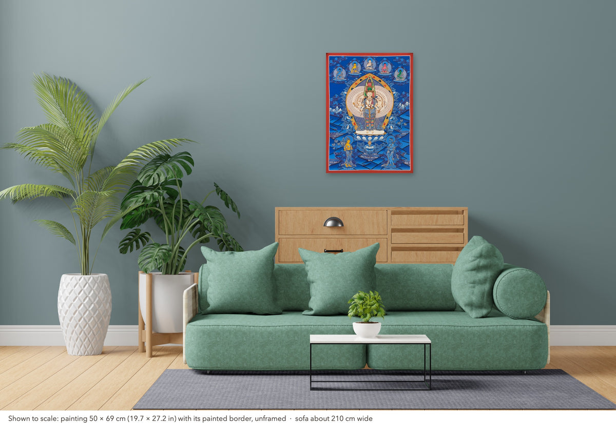 Lokeshwor thangka shown to scale in a living room, unframed, above a sofa about 210 cm wide (50×69 cm)