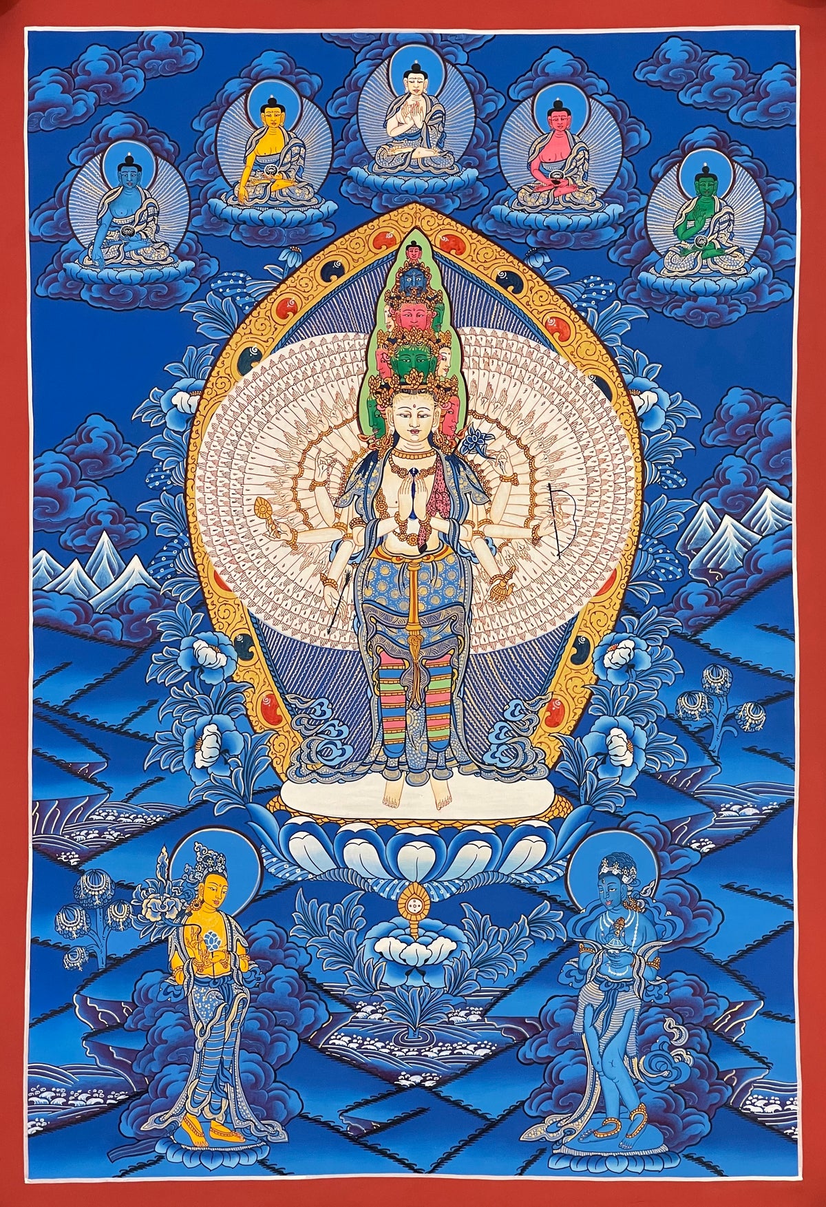 Lokeshwor thangka, 50×69 cm: thousand-armed Lokeshwor in shades of blue, with the Five Dhyani Buddhas above