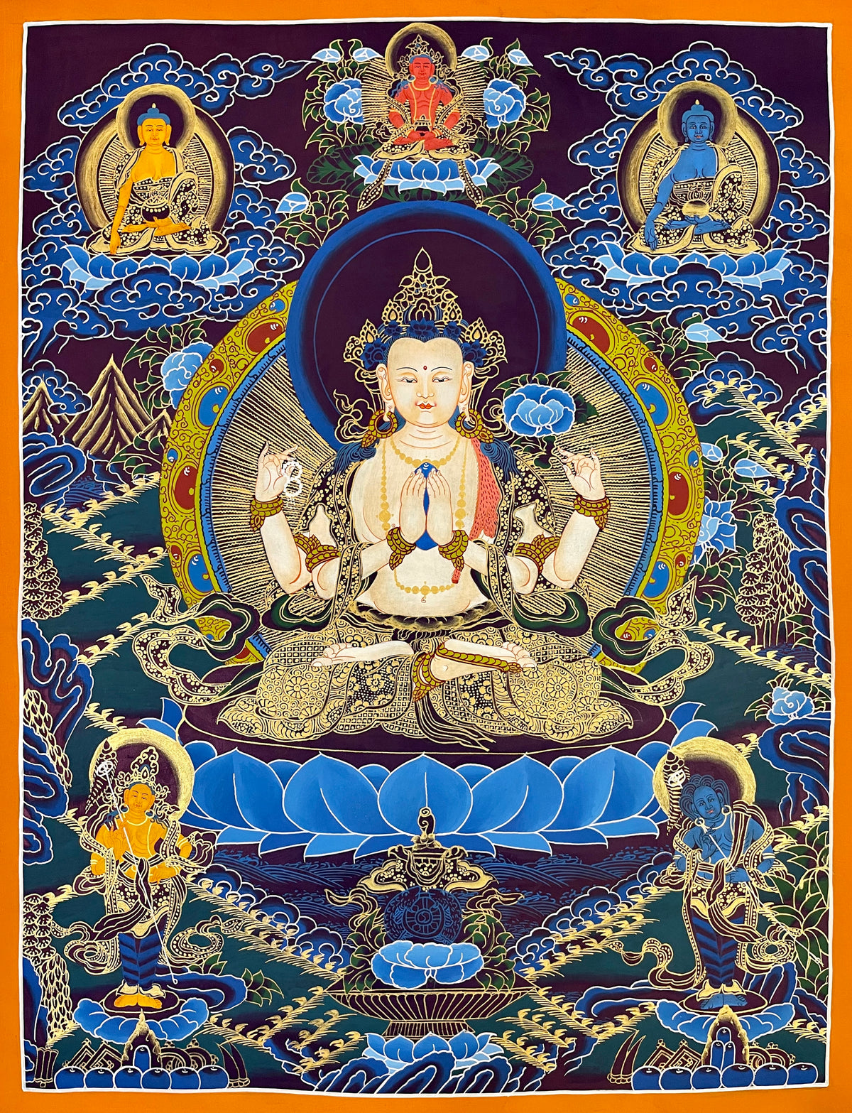 Chenrezig thangka, 54×68 cm: four-armed Chenrezig on a blue lotus against dark purple, with Amitayus and two Buddhas above