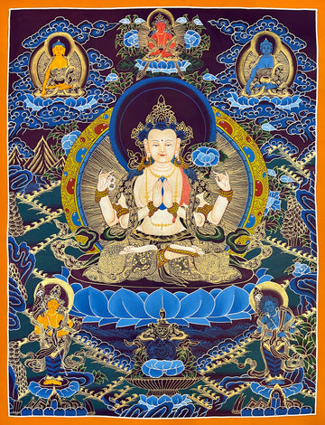 Chenrezig thangka, 54×68 cm: four-armed Chenrezig on a blue lotus against dark purple, with Amitayus and two Buddhas above