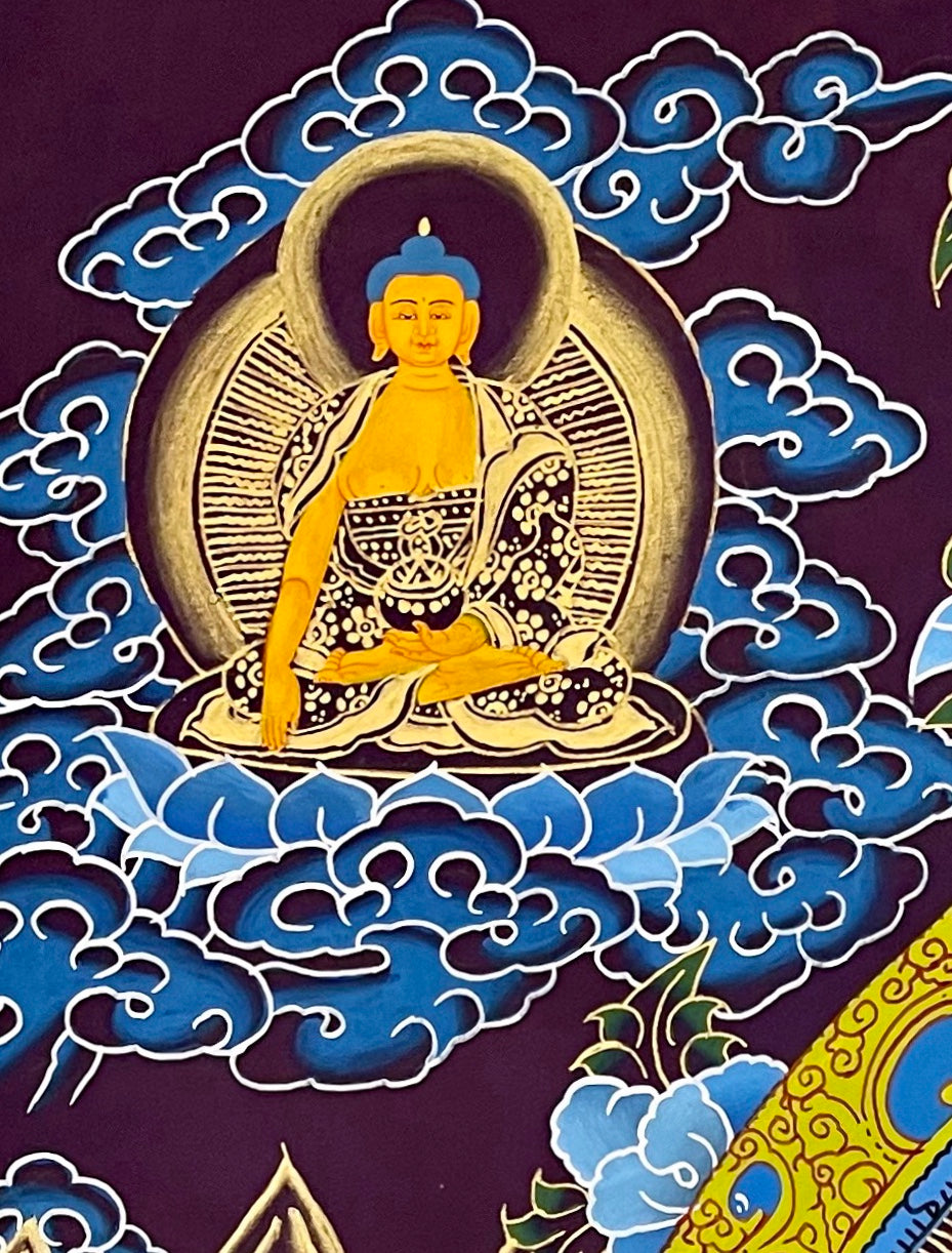 White Tara thangka, detail: top-left corner