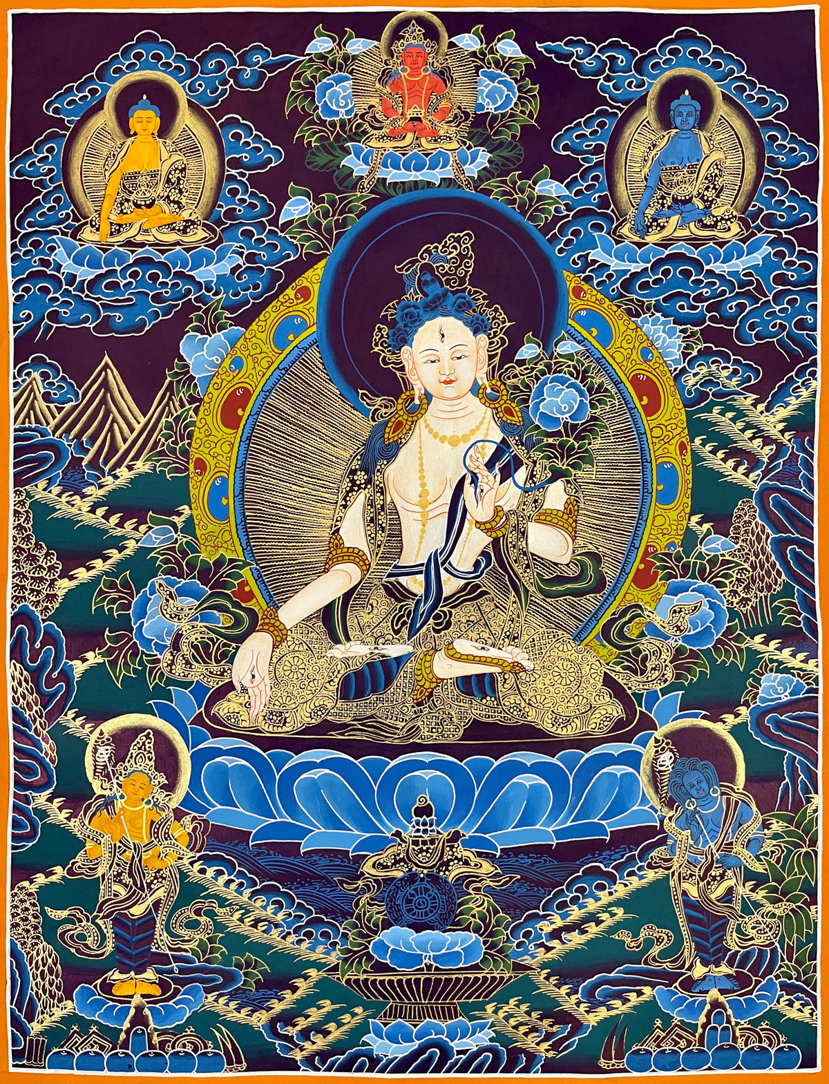 White Tara thangka, 54×68 cm: White Tara on a blue lotus with three Buddhas above and two standing bodhisattvas below
