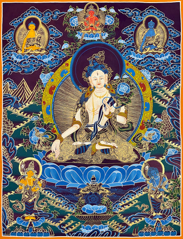 White Tara thangka, 54×68 cm: White Tara on a blue lotus with three Buddhas above and two standing bodhisattvas below