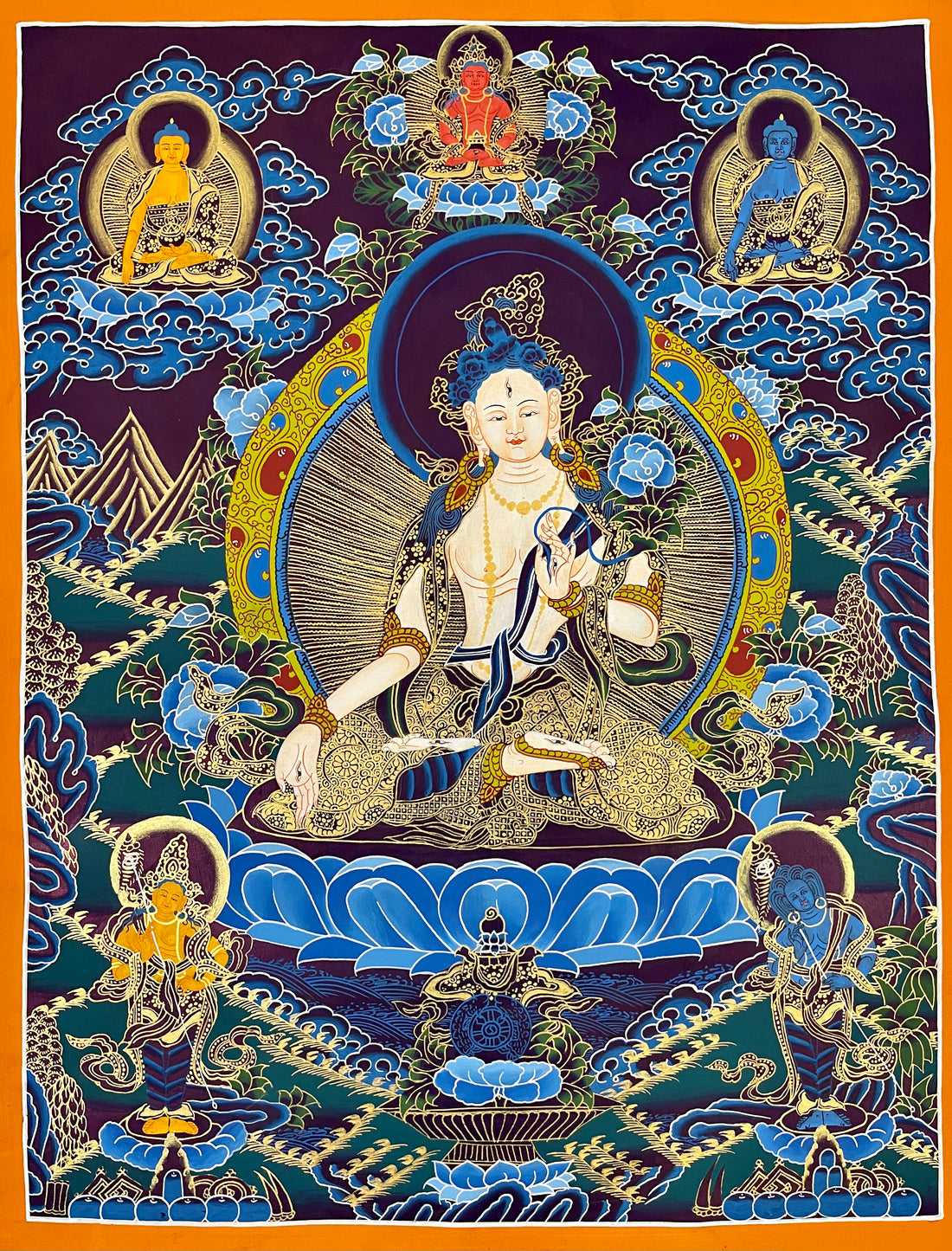 White Tara thangka, 54×68 cm: White Tara on a blue lotus with three Buddhas above and two standing bodhisattvas below