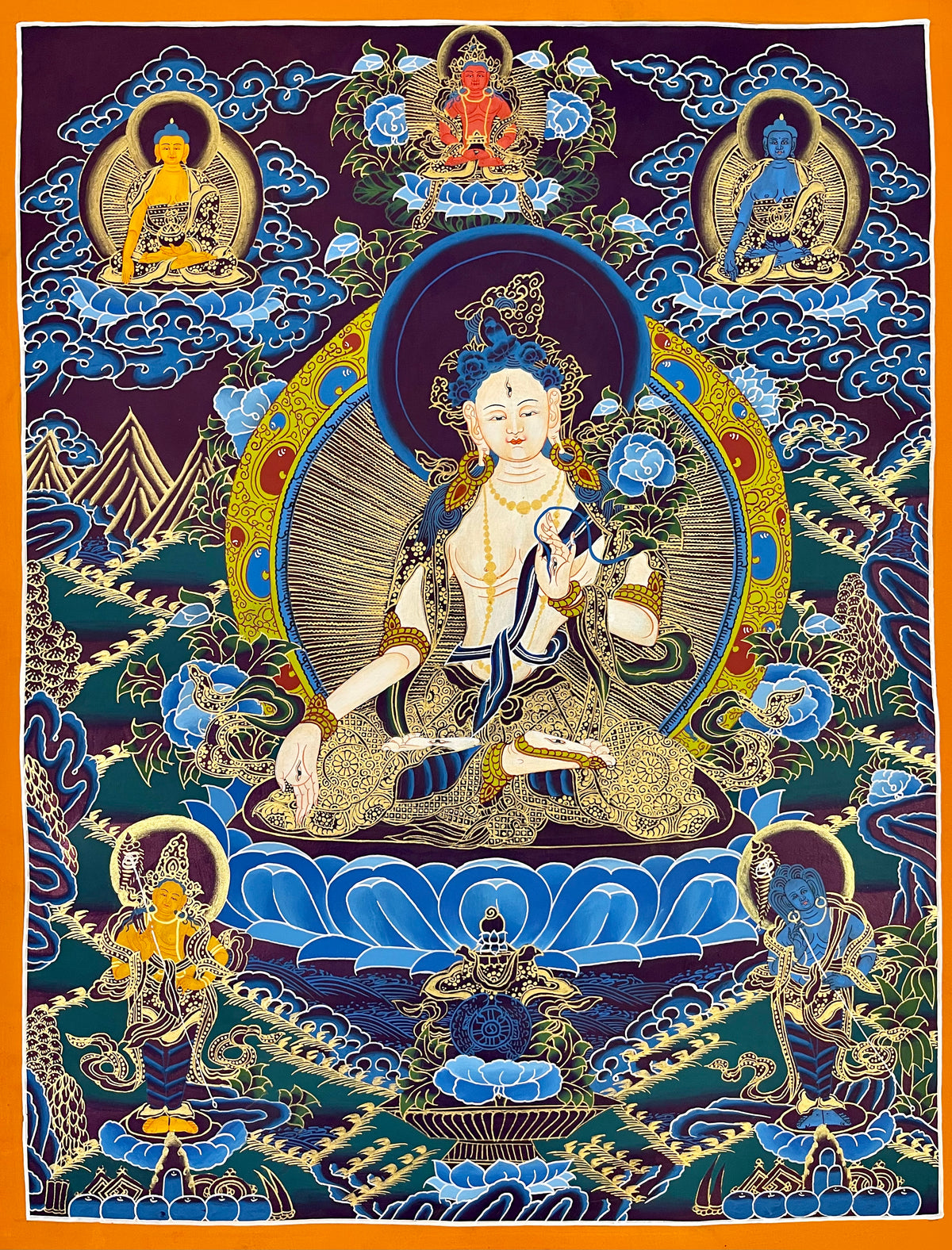 White Tara thangka, 54×68 cm: White Tara on a blue lotus with three Buddhas above and two standing bodhisattvas below