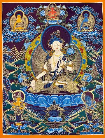 White Tara thangka, 54×68 cm: White Tara on a blue lotus with three Buddhas above and two standing bodhisattvas below
