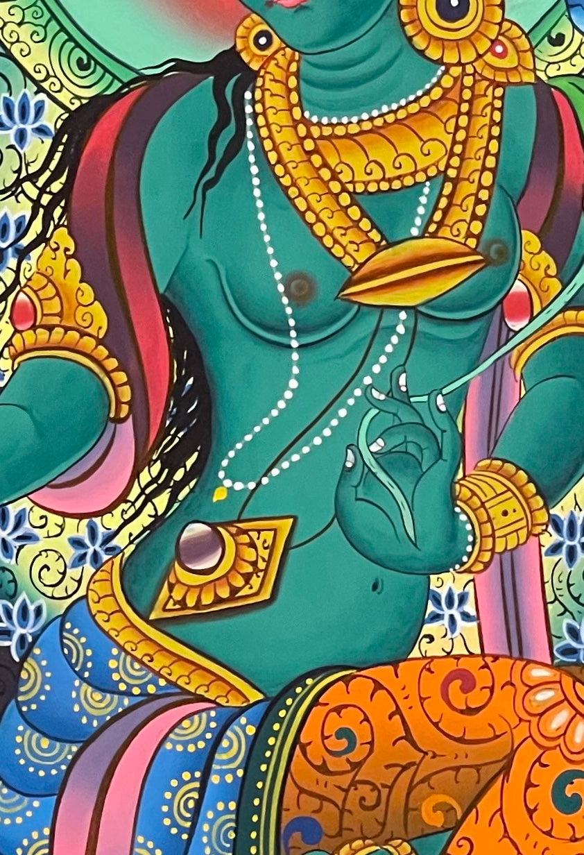 Green Tara thangka, 57×80 cm: Newar-style Green Tara on a large pink lotus under a spreading tree, on dark teal