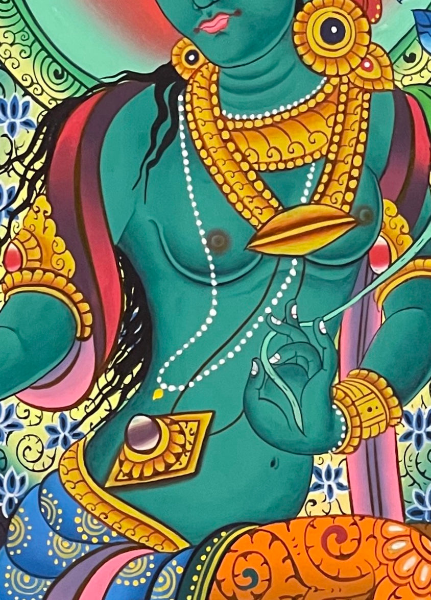 Green Tara thangka, detail: centre