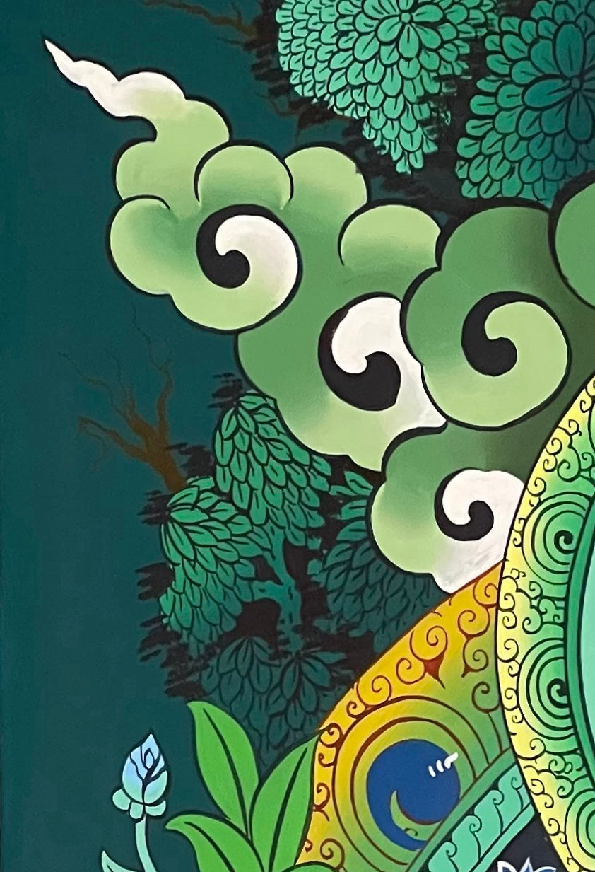 Green Tara thangka, detail: top-left corner