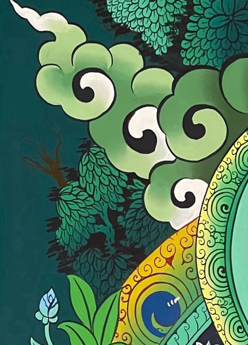 Green Tara thangka, detail: top-left corner
