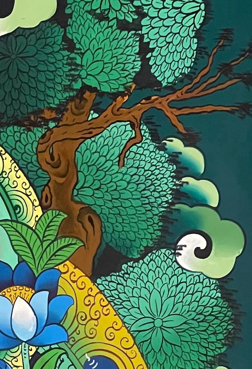 Green Tara thangka, detail: top-right corner