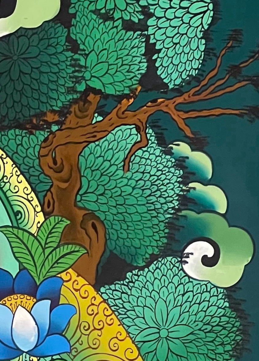Green Tara thangka, detail: top-right corner