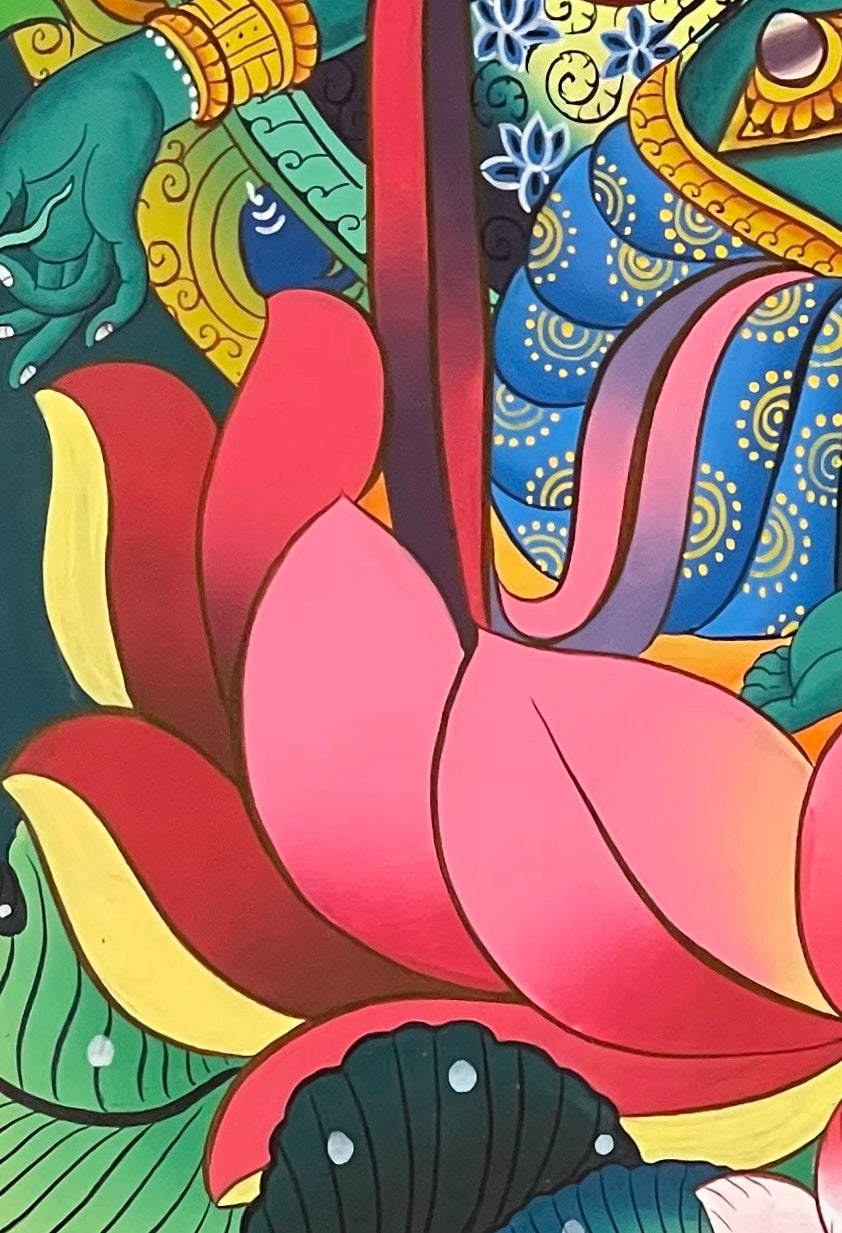 Green Tara thangka, detail: bottom-left corner