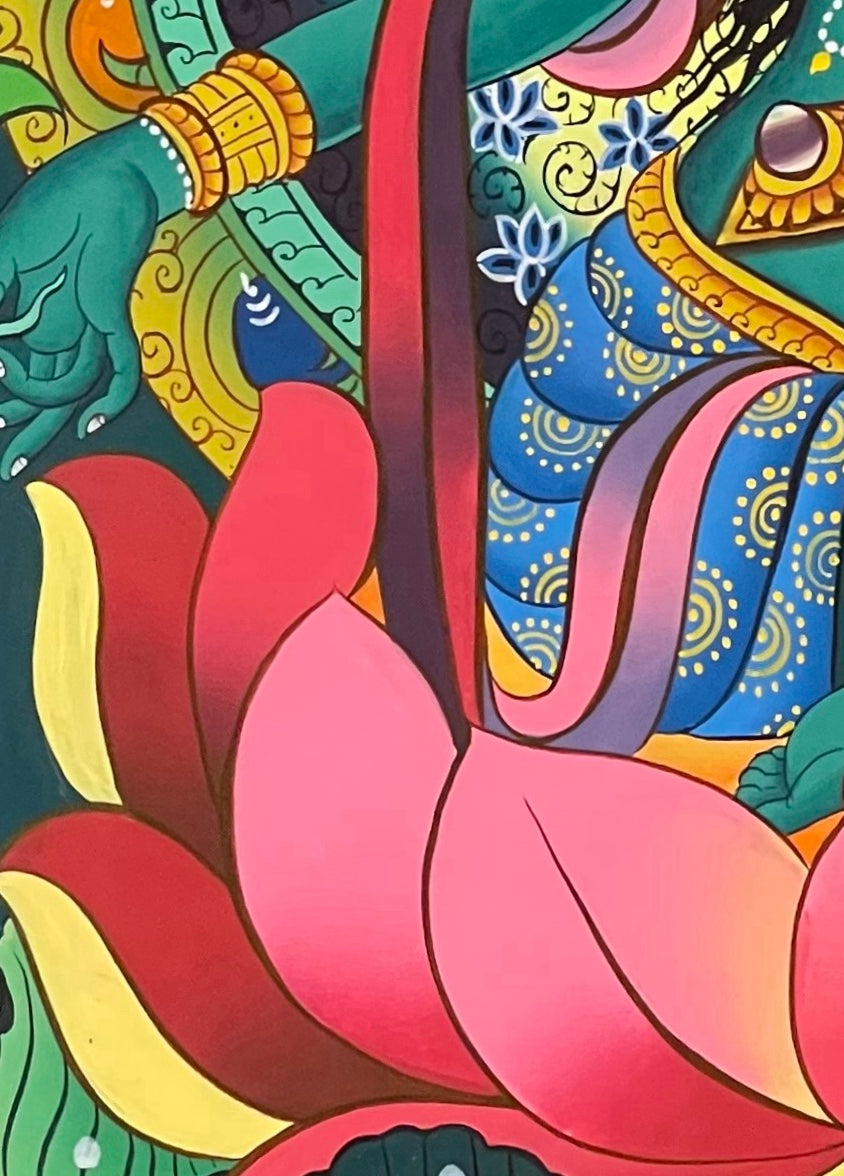 Green Tara thangka, detail: bottom-left corner